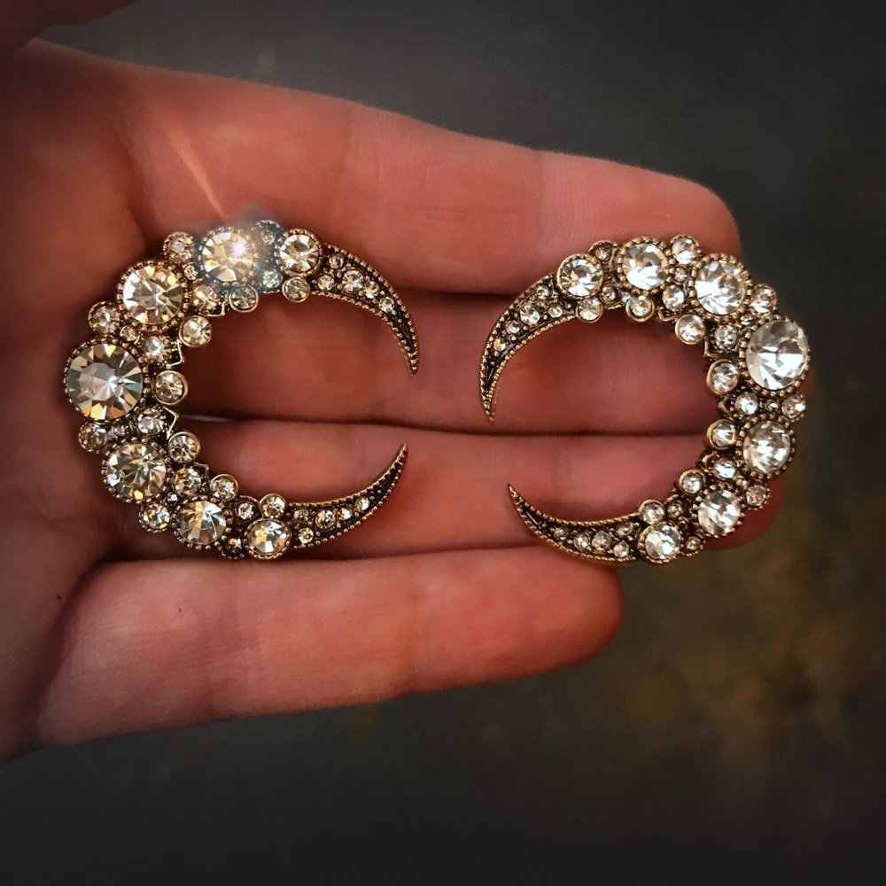 Crescent Moon Earrings Encrusted Rhinestones Large - Picture 2 of 8